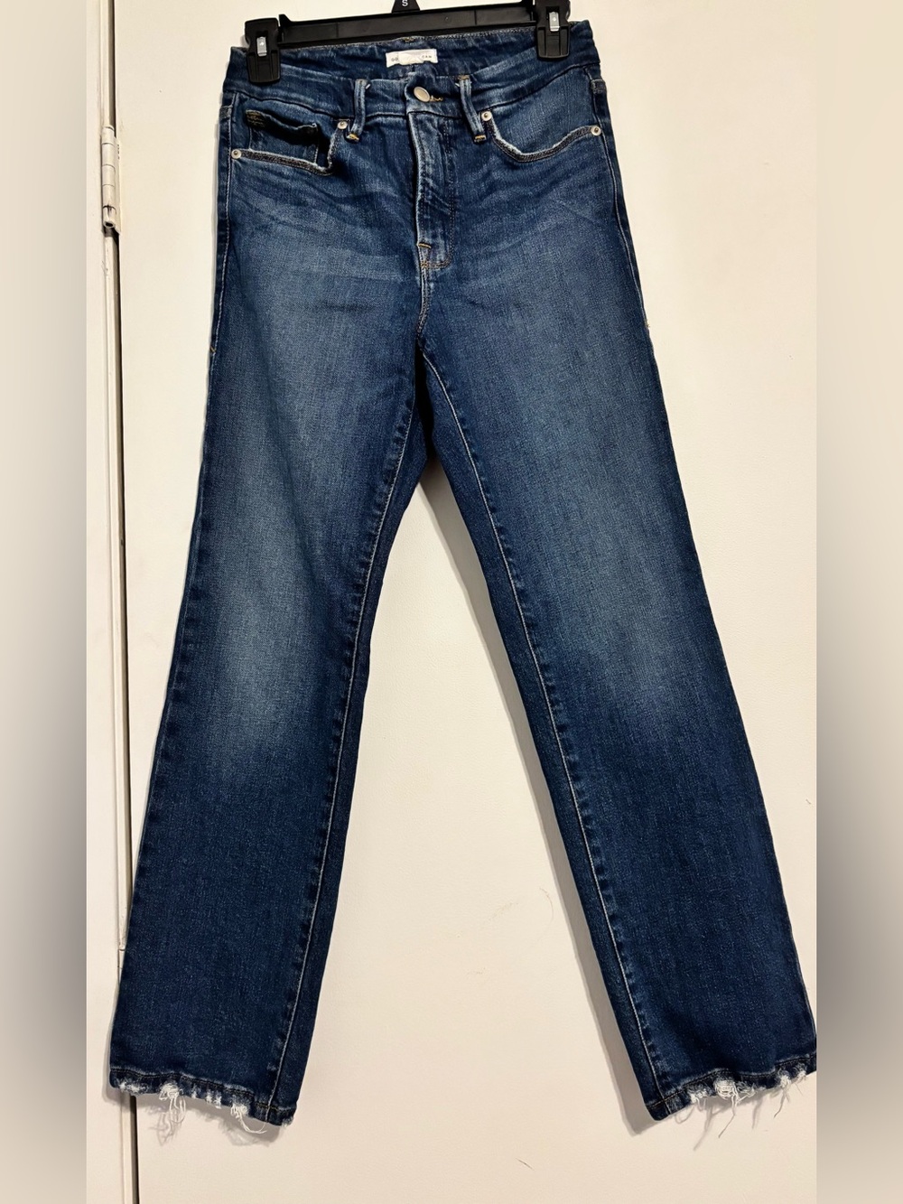 Good American Dark Blue Straight Leg Jeans with Frayed Hem